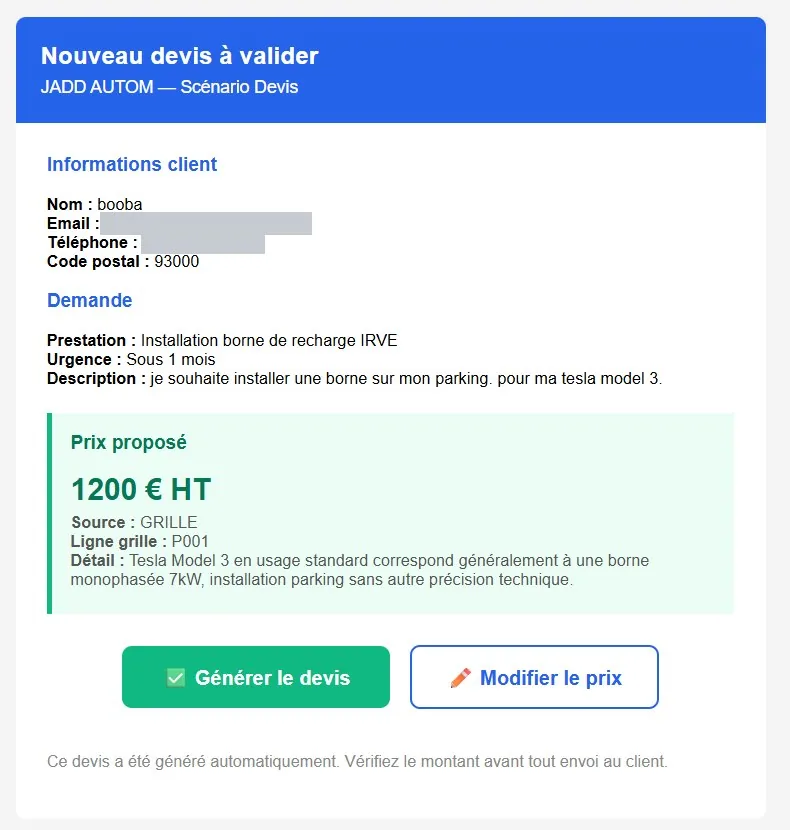 Notification « Nouveau devis à valider » pour une installation de borne de recharge IRVE : coordonnées du demandeur masquées, description « une borne sur mon parking pour ma Tesla Model 3 », prix proposé de 1200 € HT issu de la ligne P001 de la grille tarifaire, et deux boutons « Générer le devis » et « Modifier le prix ».