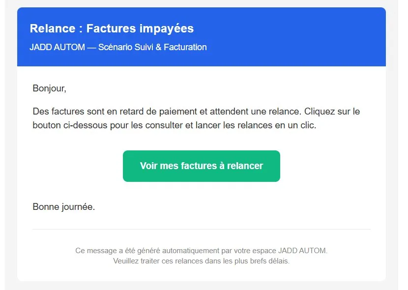 E-mail reçu le matin, intitulé « Relance : Factures impayées », avec un bouton vert « Voir mes factures à relancer ».